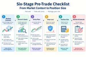 Six-stage pre-trade checklist from market context to position size